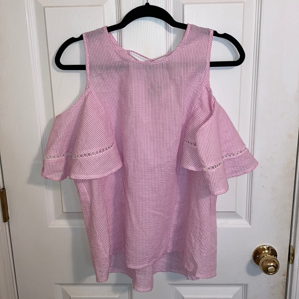 NWT Pink Pinstripe Seersucker Off the Shoulder Top